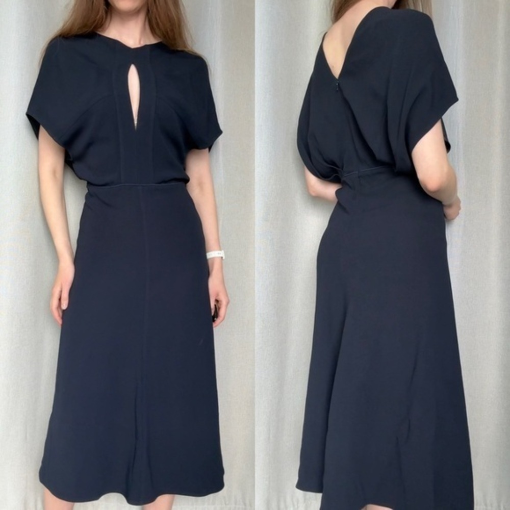 Victoria Beckham Crepe Dolman Sleeve Cut Out Navy Blue Midi Dress S (4)